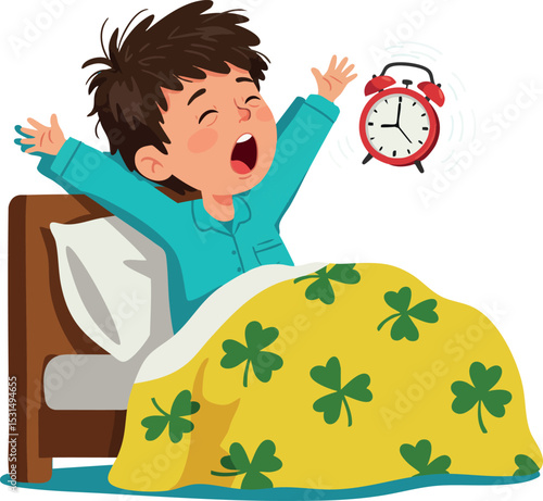 Child waking up stretching arms in bed with alarm clock and yellow blanket with clover pattern vector illustration 