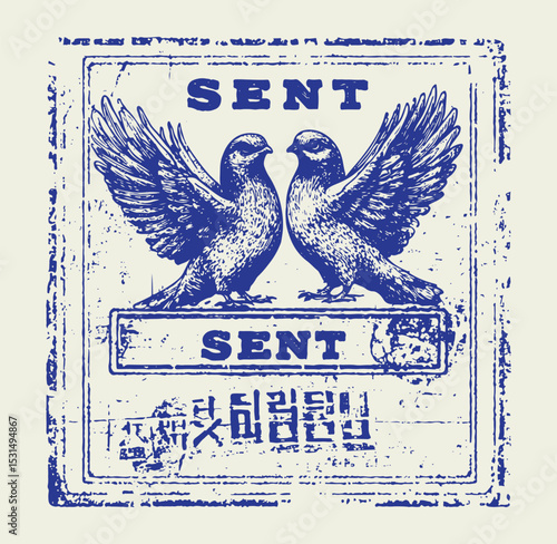 Hand drawn vintage sketch line art illsutration of postal stamps composition featuring doves and text "sent"