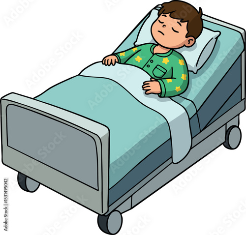 Sick boy resting in hospital bed wearing green pajamas vector illustration 