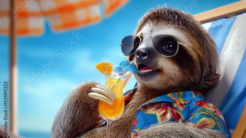 Charming sloth lounges on sunny beach, sipping colorful tropical cocktail. With sunglasses and relaxed vibe, sloth in vacation leisure and chilled. Ideal for summer, humor, and exotic getaway themes