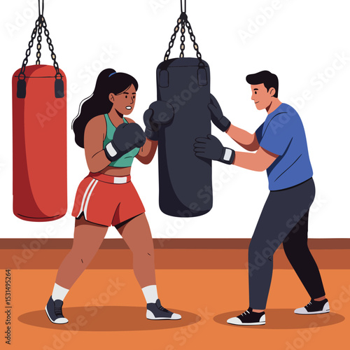 Woman boxing with male trainer in gym hitting black punching bag vector illustration 