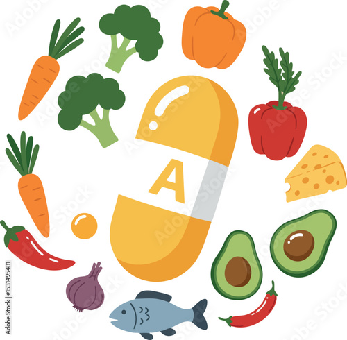 Vitamin A capsule surrounded by healthy foods including vegetables fish and cheese vector illustration 