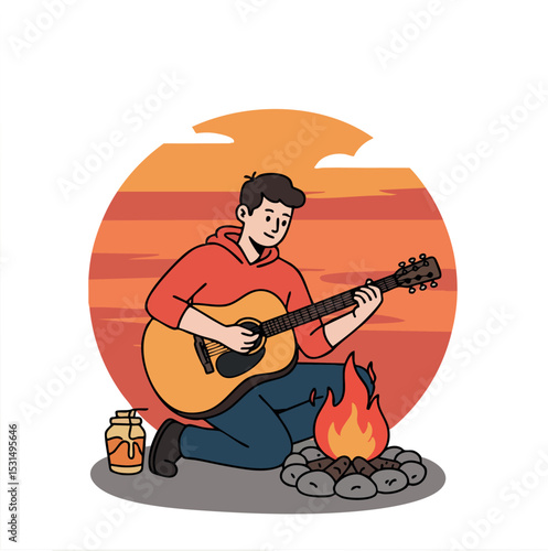 Young man playing acoustic guitar by campfire at sunset vector illustration 