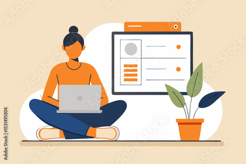 Flexible workspace concept, person working on laptop cross - legged with plant and resume, remote work, comfort, productivity, creative work, home office, freelance lifestyle.
