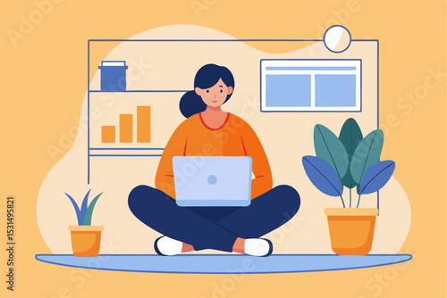 Home office lifestyle concept, person working on laptop cross - legged with plants and shelf, remote productivity, creative work, home workspace, freelance efficiency, comfortable work.