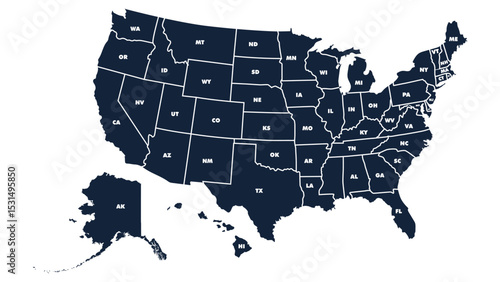 USA Map or United States of America Map. Usa map with states code  political theme. Black and white print map of USA states. Vector Illustration eps 10