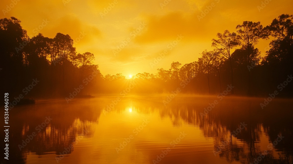 Obraz premium Golden Sunrise over a Misty Swamp