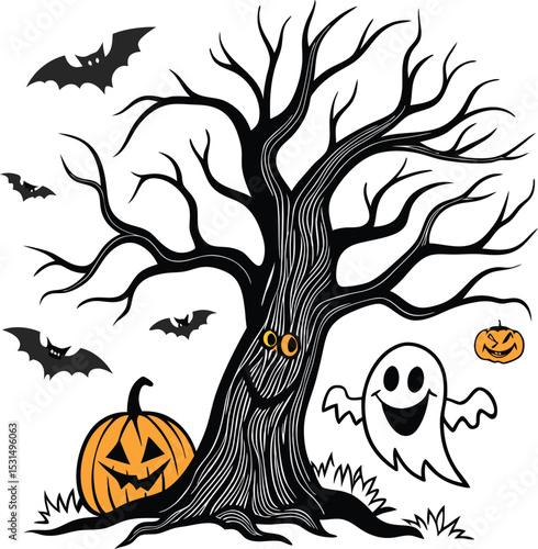 halloween spooky tree ghost pumpkin bat scary night scene