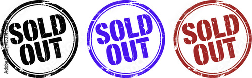 A red sold out stamp with a double circle border on a white background