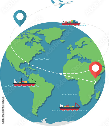 Global trade shipping routes with cargo ships airplane and location markers vector illustration 