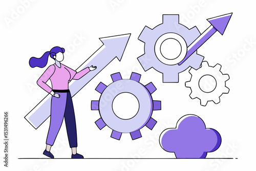 Woman driving gear with upward arrow, business process, growth momentum, operational efficiency, corporate progress, professional strategy, vector innovation.