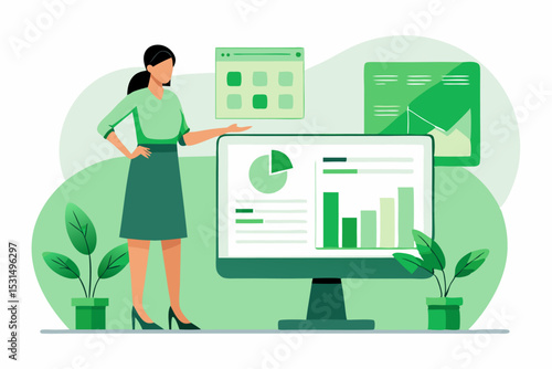 Woman presenting data graph on computer, office report, business insight, professional presentation, financial analysis, vector information, corporate meeting.