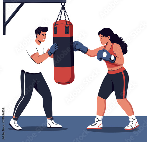 Boxing training session with male coach and female athlete punching bag workout vector illustration 