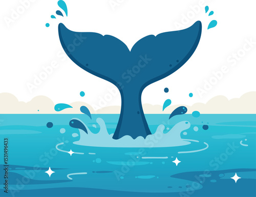 Whale tail splashing water in ocean with blue waves and water droplets vector illustration 