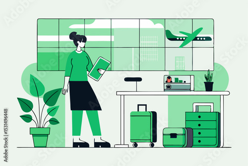 Travel preparation at airport, person with briefcase, luggage and flight screen, vector journey, office trip, transportation, planning.