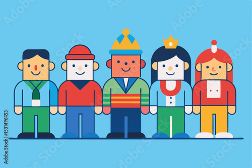 Team diversity with cartoon characters, colorful clothing, vector teamwork, office group, collaboration, inclusion, unity.