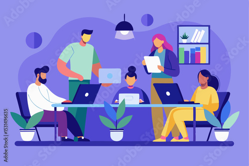 Innovative office teamwork, group working on project, plants and buildings, modern workspace, vector illustration of collaborative task, organized desk setup, career productivity