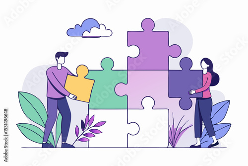 Teamwork puzzle collaboration, two people assembling colorful puzzle, plants and cloud, innovative task, vector illustration of cooperative effort, career teamwork, creative problem-solving