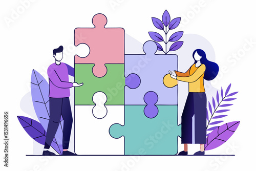 Creative puzzle teamwork, two people assembling colorful puzzle, plants and leaves, innovative task, vector illustration of cooperative effort, career collaboration, creative problem-solving,