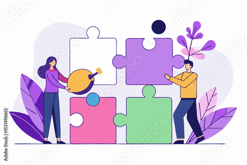 Innovative puzzle collaboration, two people assembling colorful puzzle, plants and creative elements, modern task, vector illustration of cooperative effort, career teamwork