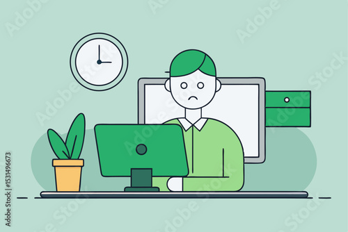 Office burnout concept, person feeling stressed at desk, plants and clock, work overload, vector illustration of challenging task, career pressure, modern office style, productivity struggle.