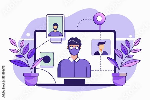 Remote office communication, person in video call with mask, plants and screens, modern work environment, vector illustration of virtual task, organized desk setup, career productivity