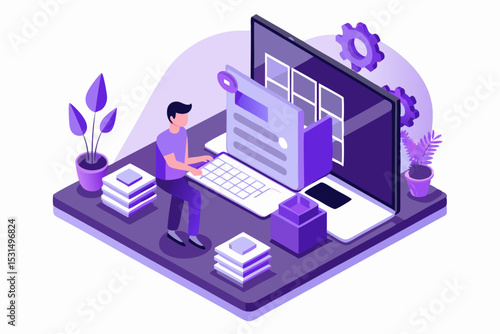 Data processing workspace, person working on laptop, plants and files, modern work environment, vector illustration of research task, career efficiency, clean office style, focus on data.