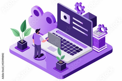 Tech data processing workspace, person working on laptop, plants and gears, modern work environment, vector illustration of research task, career efficiency, innovative office style, focus on data.