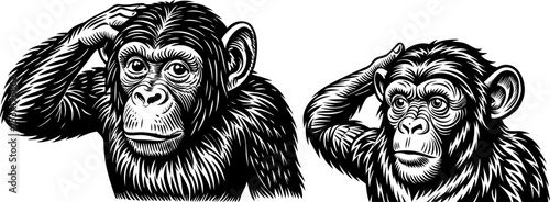 A chimpanzee scratching its head, isolated on a white background
