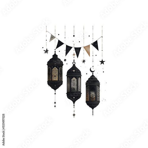 Elegant lanterns and bunting festive decorations hanging stars moon