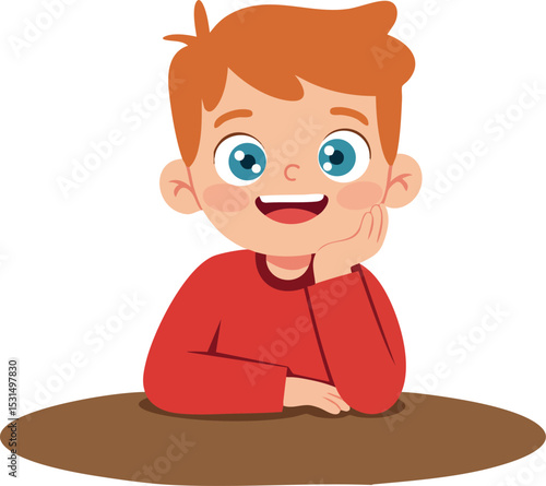 Happy redheaded boy smiling with hand on cheek sitting at table vector illustration 