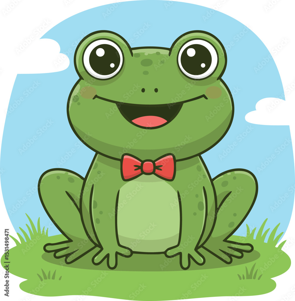 Cute green frog cartoon character with big eyes and red bow tie sitting on grass vector illustration Cute green frog cartoon character with big eyes and red bow tie sitting on grass vector illustration