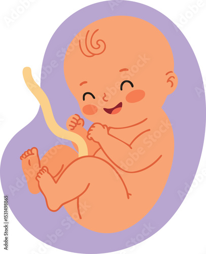 Baby in womb with umbilical cord vector illustration in purple background 
