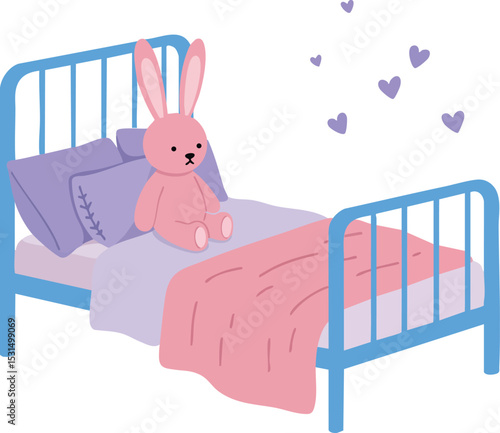 Childrens bedroom bed with pink bunny stuffed animal and purple hearts vector illustration 