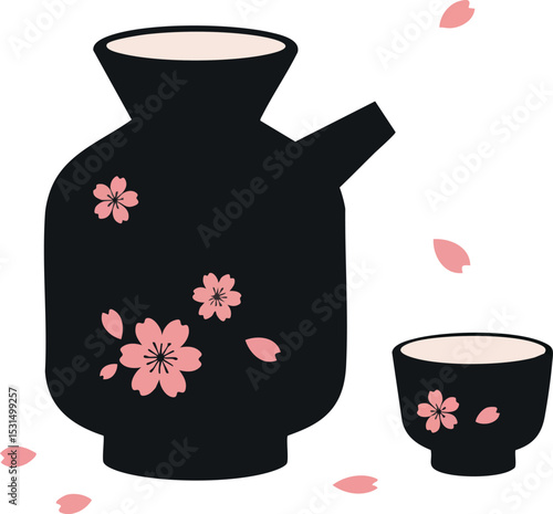 Black Japanese sake bottle and cup with pink cherry blossoms vector illustration