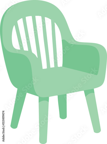 Plastic chair vector illustration in pastel green with armrests and slatted backrest 