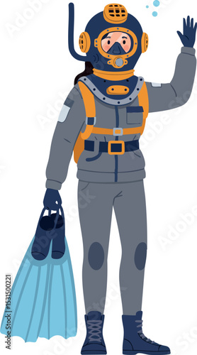 Diver in Vintage Deep Sea Diving Suit Holding Flippers and Waving Hand Vector Illustration 