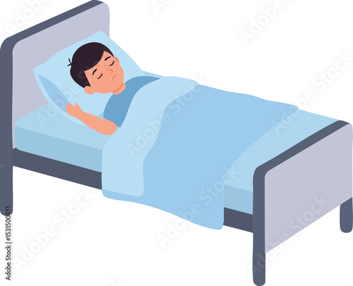 Sleeping child resting peacefully in single bed under blue blanket vector illustration 