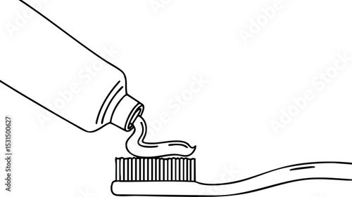 Toothpaste being squeezed onto toothbrush in simple black line art style vector illustration 
