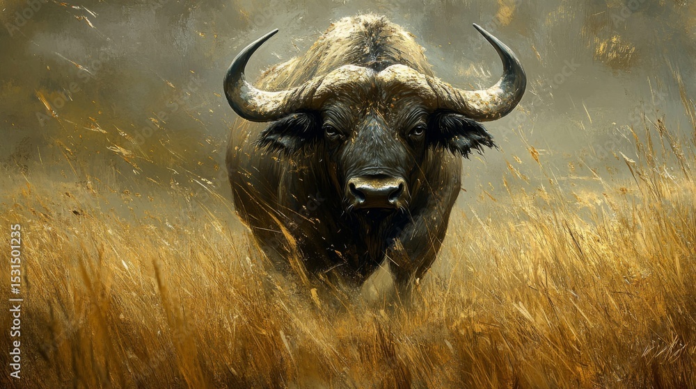 Naklejka premium Close Up of a Buffalo Standing in a Field of Grass in Nature