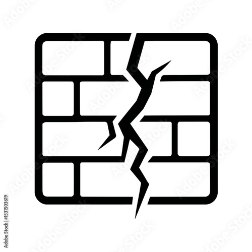 Black and White Cracked Brick Wall Icon for Building Damage or Renovation