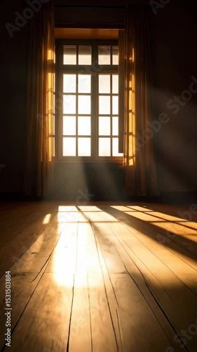 Sunlight shining through a window in an empty room illuminates the wooden floor casting long shadows, creating a warm inviting glow.