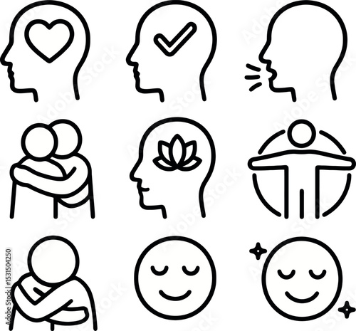 Emotional support icon pack in line art showing head-heart for compassion, head-check for affirmation, therapeutic speech, caring embrace, lotus mind, supportive aura, self-hug gesture, and content sm