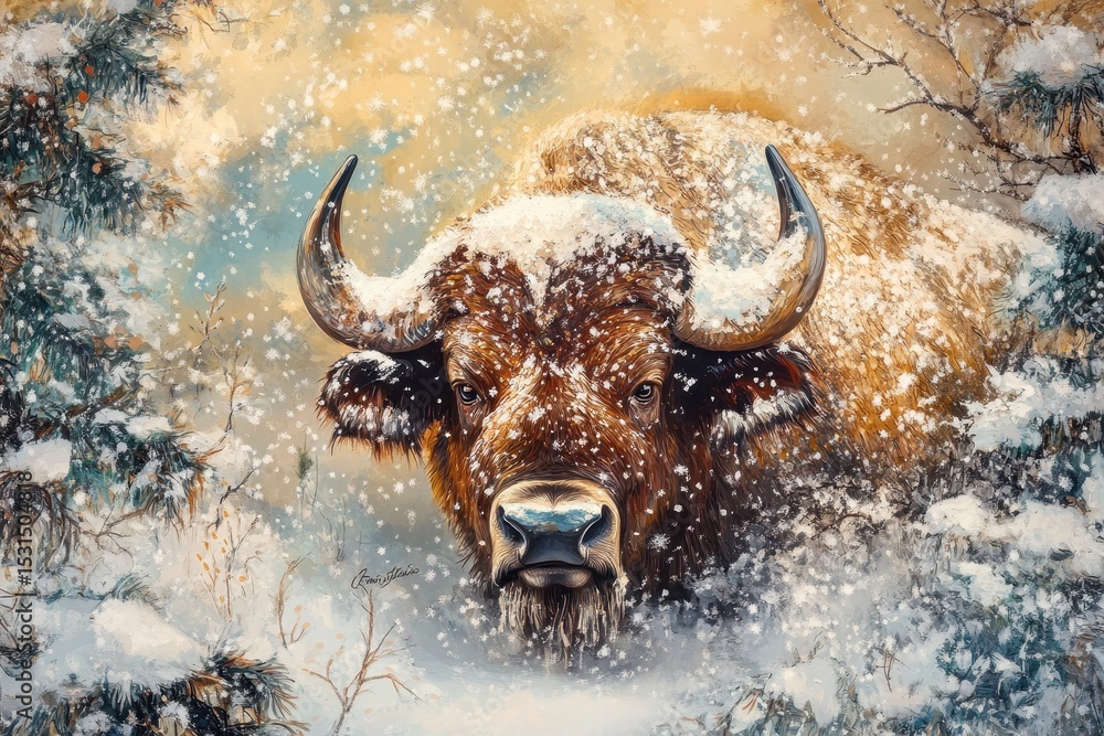 Naklejka premium Christmas Buffalo. Bison in Snowy Yellowstone Winter Landscape