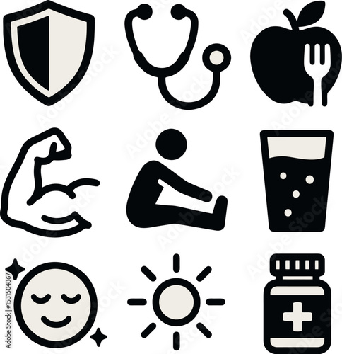  Linear sports interface icon set with heart monitor, zero-calorie flame, distance badge, play control, hydration level, sleep tracker, step counter, running silhouette, and yoga stretch figures.