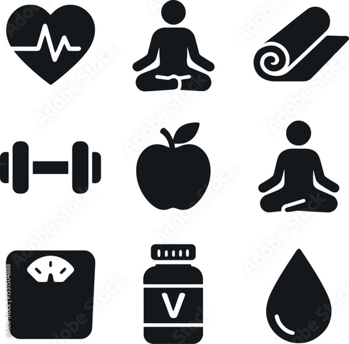 Line fitness icon pack featuring heart rate, calorie burn, distance marker, timer, hydration bottle, sleep monitoring, step counter, running figure, and stretching pose for health tracking interfaces.