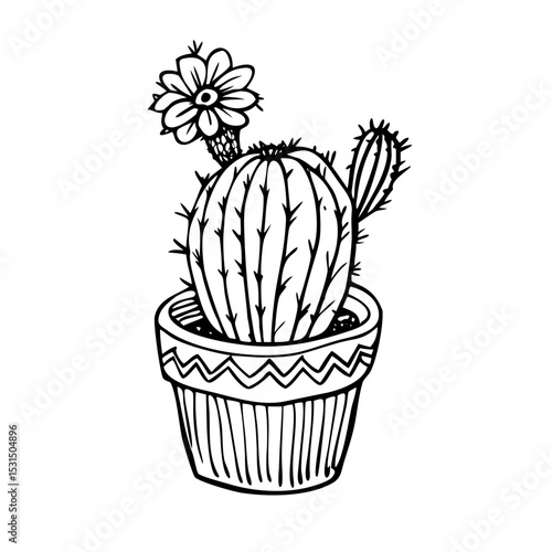 Vintage Cactus Sketch in Ceramic Pot with Needle Texture and Classic Plant Shape