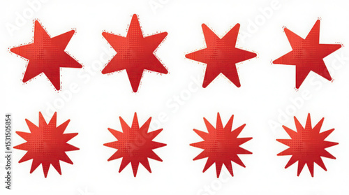  Set of red starburst with grunge retro texture. Sticker kit collection for price, sale, discount. Modern star burst for promotional, ad. Vector illustration isolated on white background
