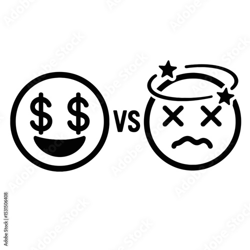 Black and White Money Face vs Dizzy Face Emoji Icon Vector - Representing Financial Success vs. Confusion or Sickness