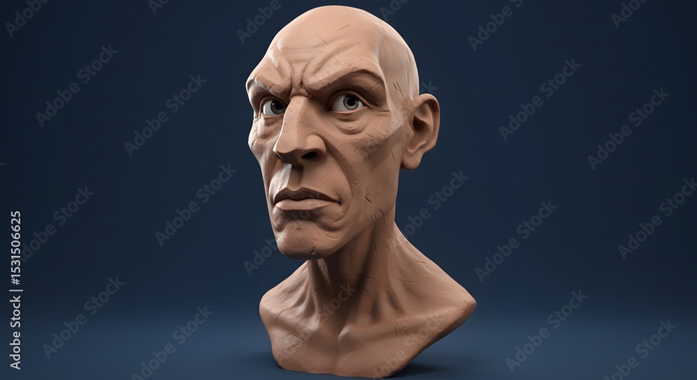 A stylized 3D model of a humanoid bust with exaggerated facial features and asymmetrical geometry. A stylized 3D model of a humanoid bust with exaggerated facial features and asymmetrical geometry.